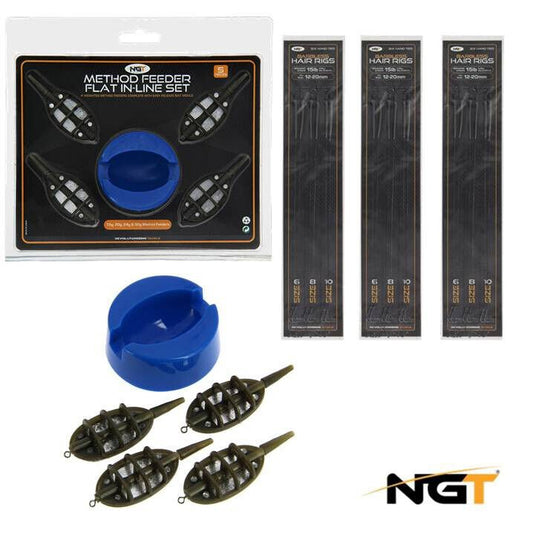 NGT Carp Fishing Inline Method Feeder Mould Set + 18 Barbless Mixed Hair Rigs - NGT Tackle Shop