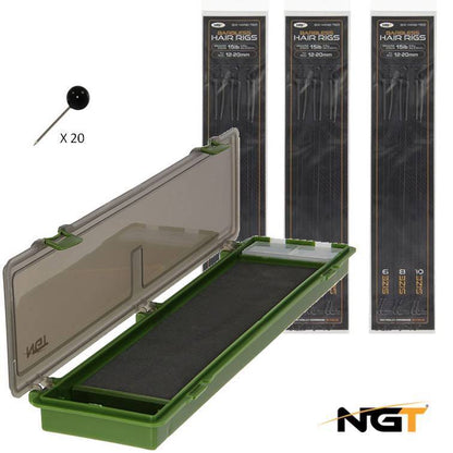 NGT Rig Box with 18 Ready Made Carp Fishing Barbless Hair Rigs &Pins - Choose Rigs - NGT Tackle Shop